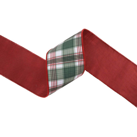 4" Red/Green Plaid Reversible Wired Dupioni Ribbon - 10 Yard, shoptreeboutique.com