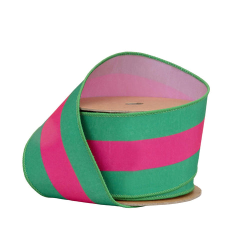 2 1/2" Hot Pink and Green Stripe, Pink Backing | 10 Yard Roll, shoptreeboutique.com
