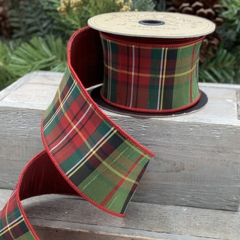 2.5" Moss Green Wired Tradition Tartan Faux Dupioni Ribbon with Red Back | 10 Yards | shoptreeboutique.com