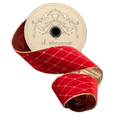 2.5" Red Wired Velvet Diamond Embroidery Ribbon | 10 Yards | shoptreeboutique.com