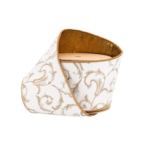 4" Ivory and Gold Metallic Scroll Jacquard Wired Ribbon | 10 Yards, shoptreeboutique.com