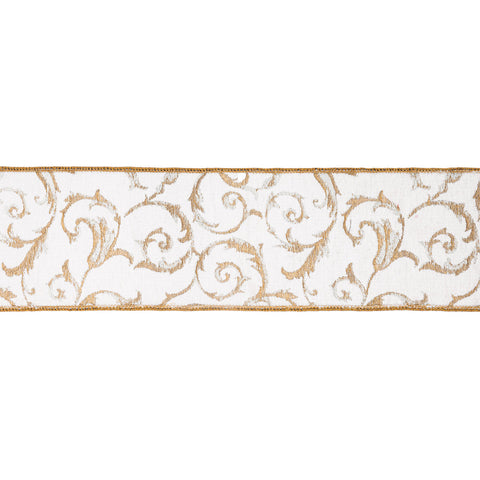 4" Ivory and Gold Metallic Scroll Jacquard Wired Ribbon | 10 Yards, shoptreeboutique.com