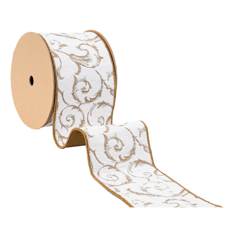 4" Ivory and Gold Metallic Scroll Jacquard Wired Ribbon | 10 Yards, shoptreeboutique.com