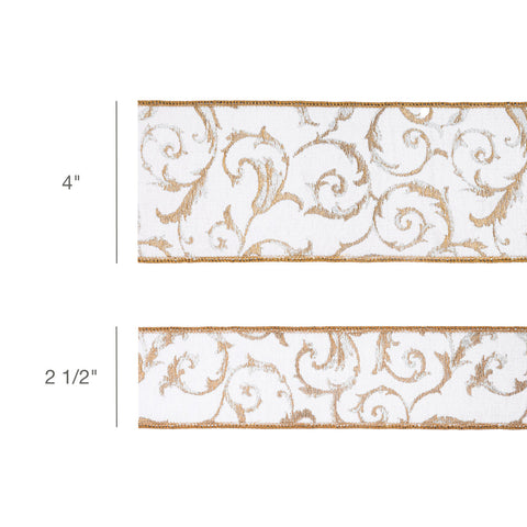 4" Ivory and Gold Metallic Scroll Jacquard Wired Ribbon | 10 Yards, shoptreeboutique.com
