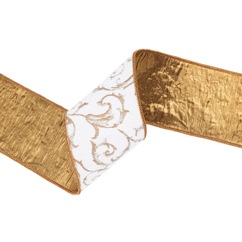 4" Ivory and Gold Metallic Scroll Jacquard Wired Ribbon | 10 Yards, shoptreeboutique.com