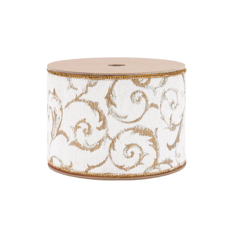 4" Ivory and Gold Metallic Scroll Jacquard Wired Ribbon | 10 Yards, shoptreeboutique.com