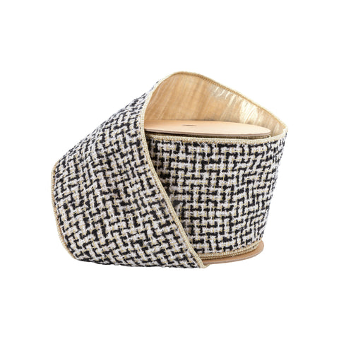 4" Black/Ivory/Gold Jacquard Tweed Wired Ribbon - 10 Yard, shoptreeboutique.com