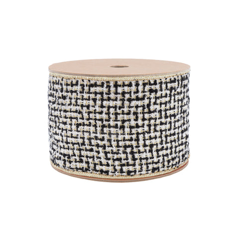 4" Black/Ivory/Gold Jacquard Tweed Wired Ribbon - 10 Yard, shoptreeboutique.com