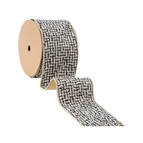 4" Black/Ivory/Gold Jacquard Tweed Wired Ribbon - 10 Yard, shoptreeboutique.com