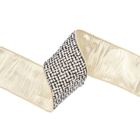 4" Black/Ivory/Gold Jacquard Tweed Wired Ribbon - 10 Yard, shoptreeboutique.com
