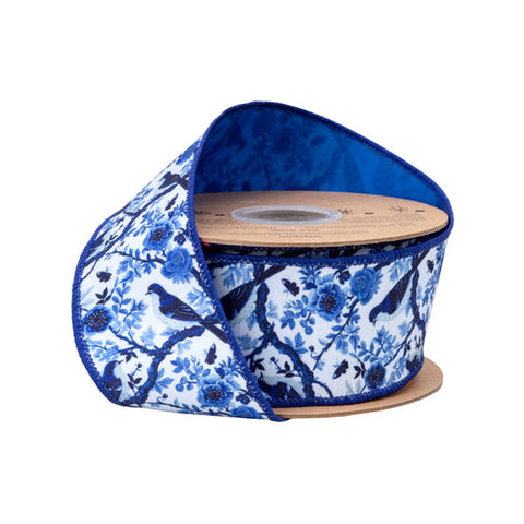 1 1/2"Blue and White China Birds, Blue Backing | 10 Yard Roll, shoptreeboutique.com