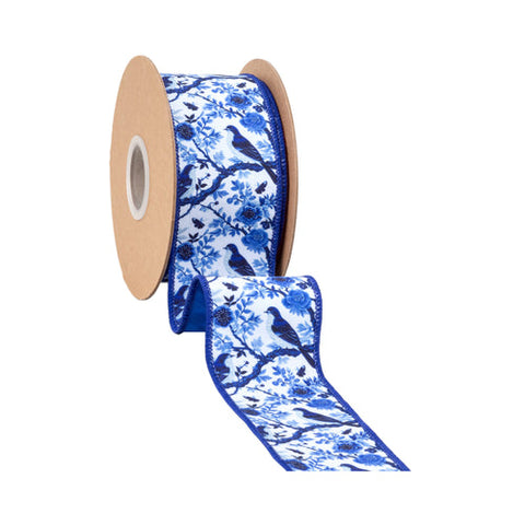 1 1/2"Blue and White China Birds, Blue Backing | 10 Yard Roll, shoptreeboutique.com