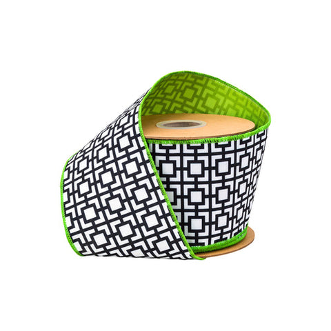 4" Black and White Greek Key Pattern, Lime Green Backing | 10 Yard Roll, shoptreeboutique.com