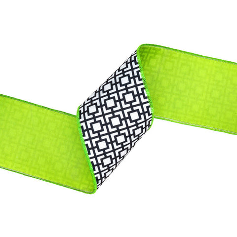 4" Black and White Greek Key Pattern, Lime Green Backing | 10 Yard Roll, shoptreeboutique.com