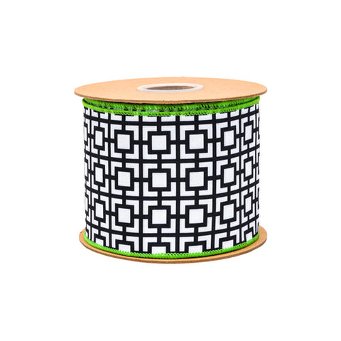 4" Black and White Greek Key Pattern, Lime Green Backing | 10 Yard Roll, shoptreeboutique.com