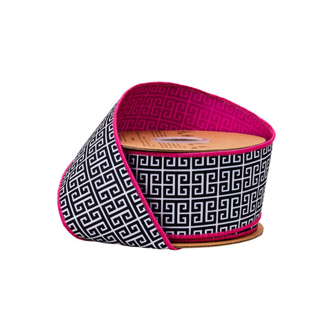2 1/2" Black and White Greek Key Pattern, Pink Backing | 10 Yard Roll, shoptreeboutique.com