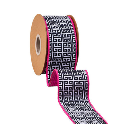 2 1/2" Black and White Greek Key Pattern, Pink Backing | 10 Yard Roll, shoptreeboutique.com