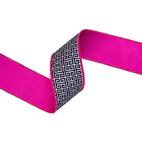 2 1/2" Black and White Greek Key Pattern, Pink Backing | 10 Yard Roll, shoptreeboutique.com