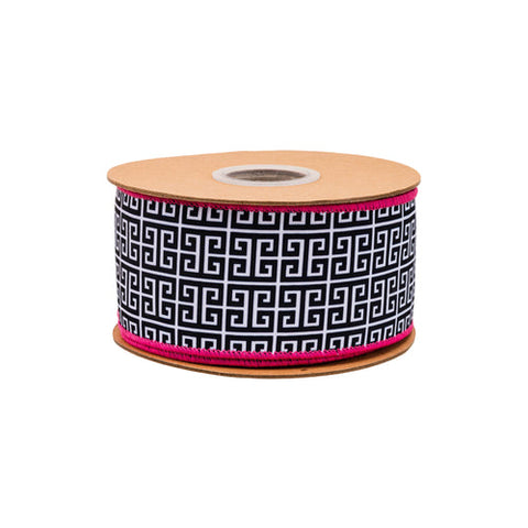 2 1/2" Black and White Greek Key Pattern, Pink Backing | 10 Yard Roll, shoptreeboutique.com