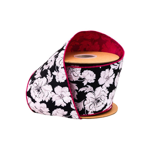 4" Black and White Floral, Pink Backing | 10 Yard Roll, shoptreeboutique.com