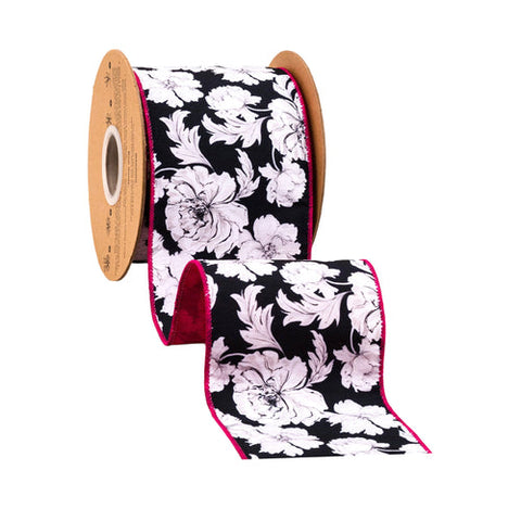 4" Black and White Floral, Pink Backing | 10 Yard Roll, shoptreeboutique.com