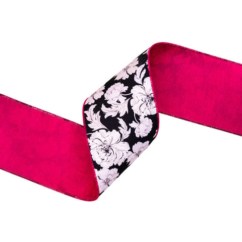 4" Black and White Floral, Pink Backing | 10 Yard Roll, shoptreeboutique.com