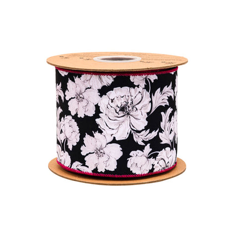 4" Black and White Floral, Pink Backing | 10 Yard Roll, shoptreeboutique.com