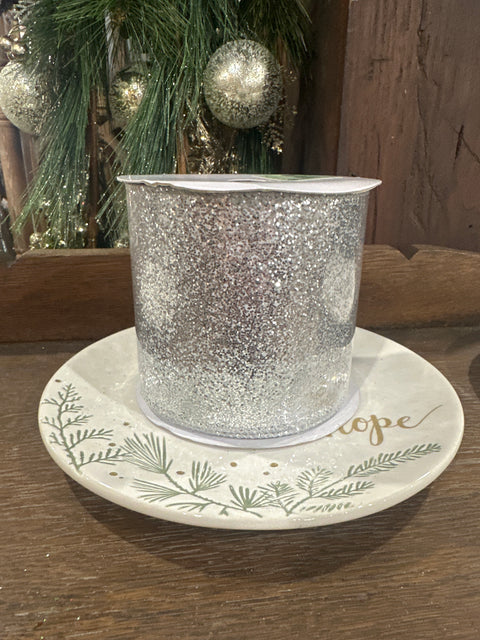 4”x10Y SHIMMER GLITTER WIRED RIBBON-SILVER