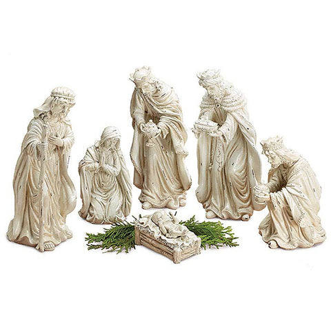 6-Piece White Distressed Nativity Set with Glitter Accents, shoptreeboutique.com