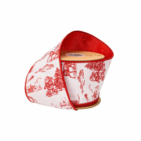4" Red Christmas Toile on White Wired Dupioni Ribbon - 10 Yard, shoptreeboutique.com
