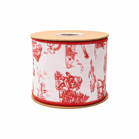 4" Red Christmas Toile on White Wired Dupioni Ribbon - 10 Yard, shoptreeboutique.com