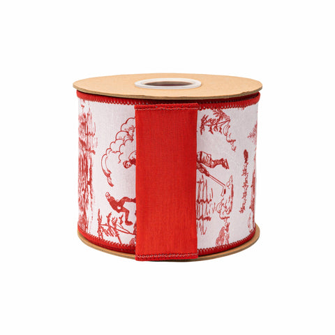4" Red Christmas Toile on White Wired Dupioni Ribbon - 10 Yard, shoptreeboutique.com