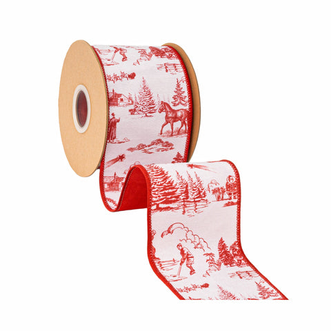 4" Red Christmas Toile on White Wired Dupioni Ribbon - 10 Yard, shoptreeboutique.com