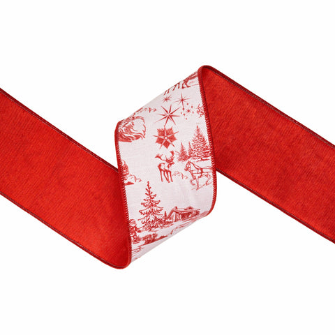4" Red Christmas Toile on White Wired Dupioni Ribbon - 10 Yard, shoptreeboutique.com