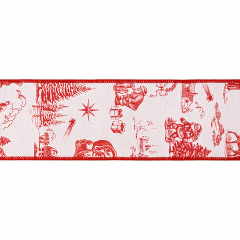4" Red Christmas Toile on White Wired Dupioni Ribbon - 10 Yard, shoptreeboutique.com
