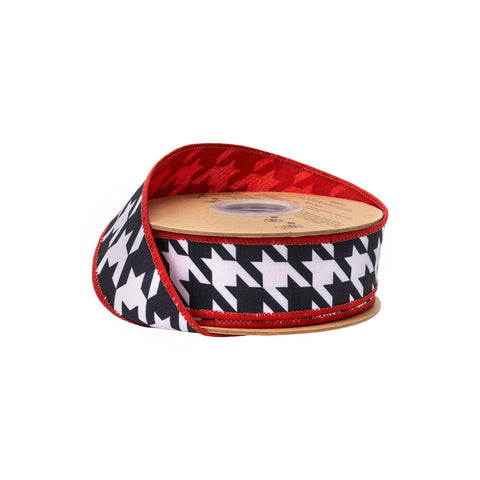 1.5" Black and White Houndstooth Wired Dupioni Ribbon - 10 Yard, shoptreeboutique.com