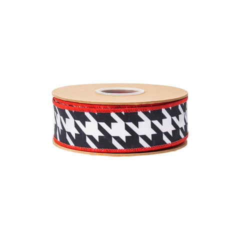 1.5" Black and White Houndstooth Wired Dupioni Ribbon - 10 Yard, shoptreeboutique.com