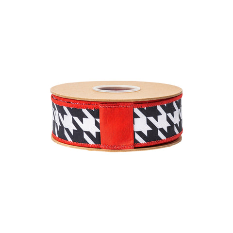 1.5" Black and White Houndstooth Wired Dupioni Ribbon - 10 Yard, shoptreeboutique.com