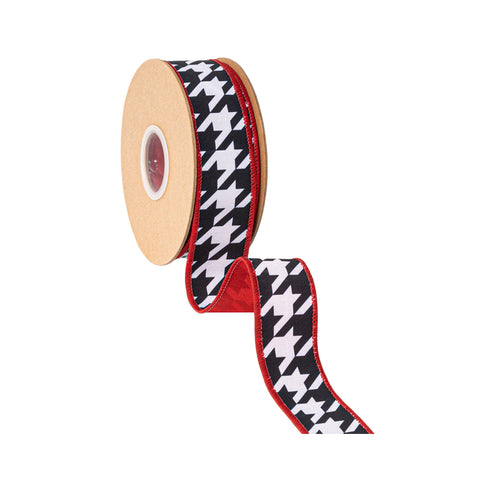 1.5" Black and White Houndstooth Wired Dupioni Ribbon - 10 Yard, shoptreeboutique.com