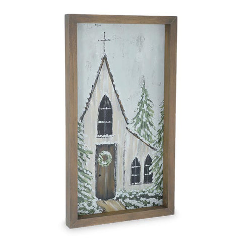 Painted Church Scene Wood Wall Hanging