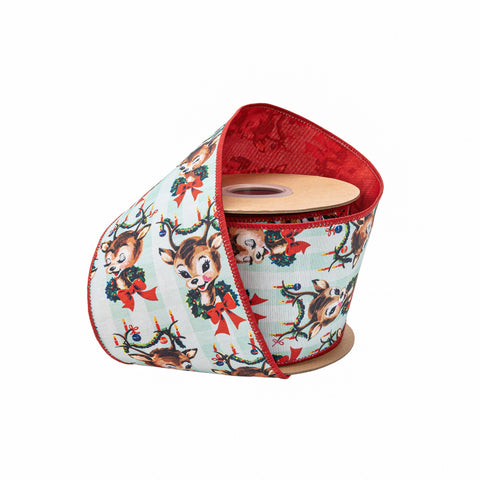 4" Retro Deer with Wreath Wired Dupioni Ribbon | 10 Yard, shoptreeboutique.com