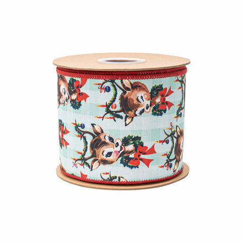 4" Retro Deer with Wreath Wired Dupioni Ribbon | 10 Yard, shoptreeboutique.com