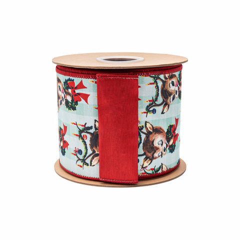 4" Retro Deer with Wreath Wired Dupioni Ribbon | 10 Yard, shoptreeboutique.com