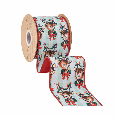 4" Retro Deer with Wreath Wired Dupioni Ribbon | 10 Yard, shoptreeboutique.com
