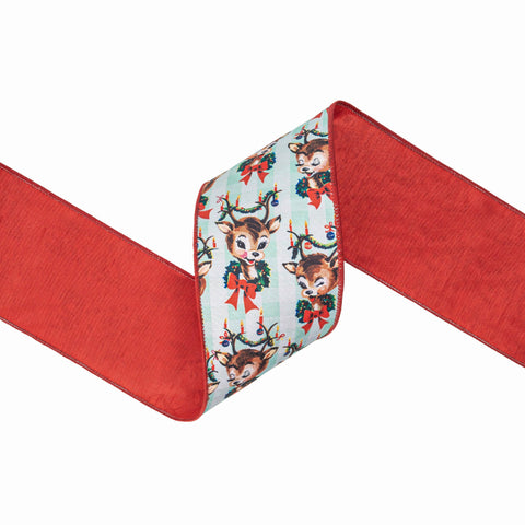 4" Retro Deer with Wreath Wired Dupioni Ribbon | 10 Yard, shoptreeboutique.com
