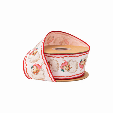 2.5" Retro Pink Santa and Ribbons Wired Dupioni Ribbon | 10 Yard, shoptreeboutique.com