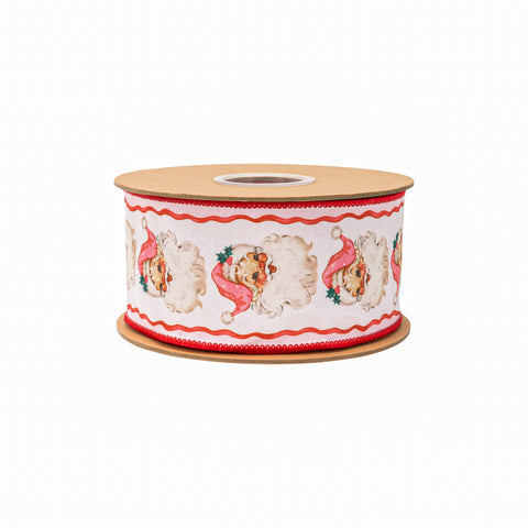 2.5" Retro Pink Santa and Ribbons Wired Dupioni Ribbon | 10 Yard, shoptreeboutique.com