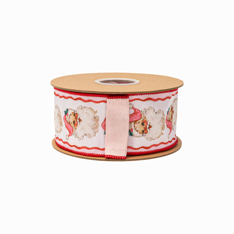 2.5" Retro Pink Santa and Ribbons Wired Dupioni Ribbon | 10 Yard, shoptreeboutique.com