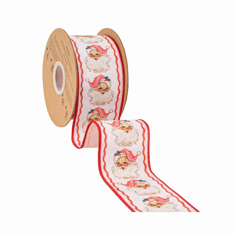 2.5" Retro Pink Santa and Ribbons Wired Dupioni Ribbon | 10 Yard, shoptreeboutique.com