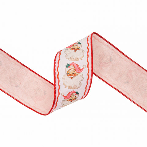 2.5" Retro Pink Santa and Ribbons Wired Dupioni Ribbon | 10 Yard, shoptreeboutique.com